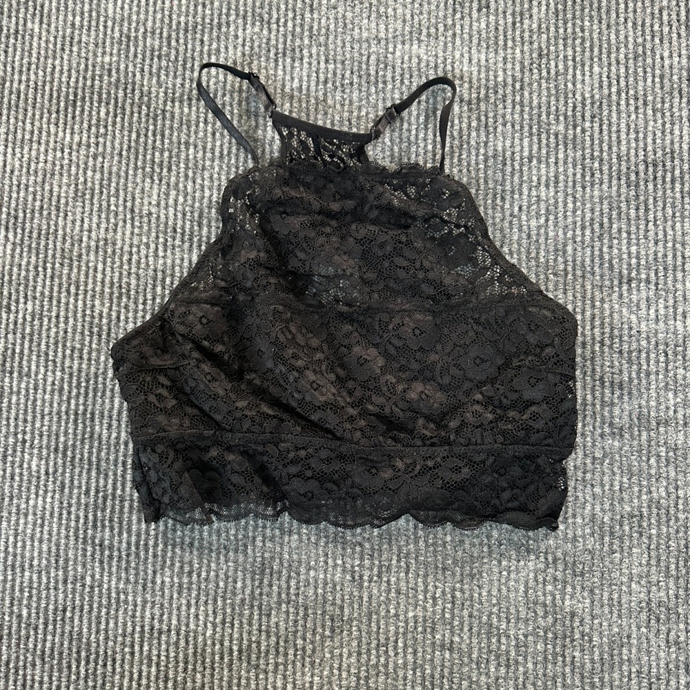 Jessica Simpson Black Floral Lace Bralette M High Neck Halter Racerback Bra Top